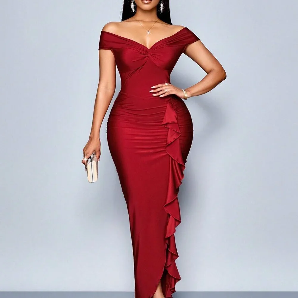 Red Elegant Women's Party Off-Shoulder Short Sleeves Center Front Maxi Dress - Picture 3 of 6